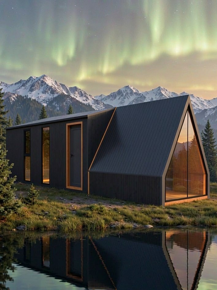 A-Frame Cabin SJW85 under the aurora — portrait view