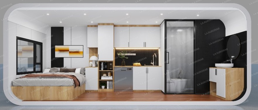 Home Pod 1-room interior — bed, kitchen and bath