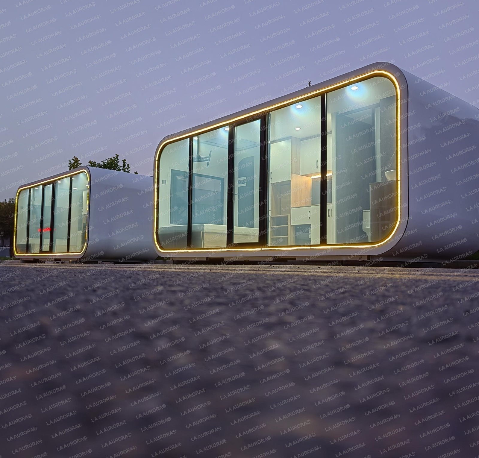 Home Pod single-room capsule at night with warm LED outline