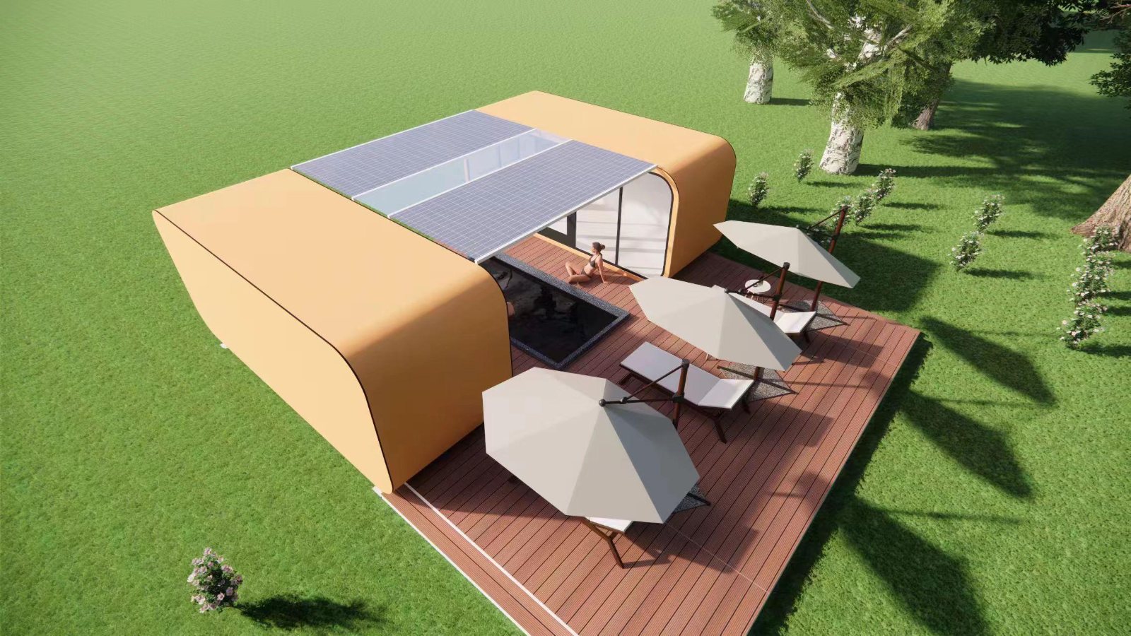 Home Pod with solar roof and deck umbrellas